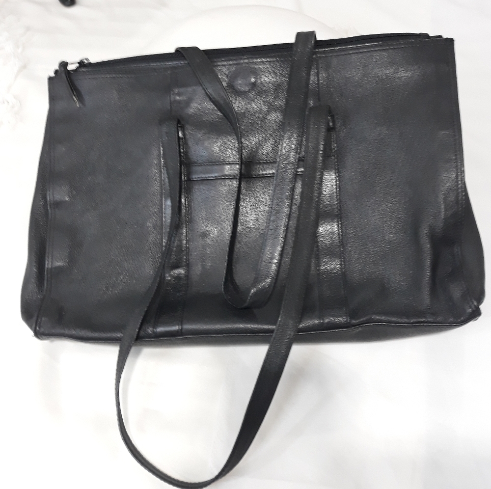 Genuine Leather Tote Bag With Two Compartments And Pockets